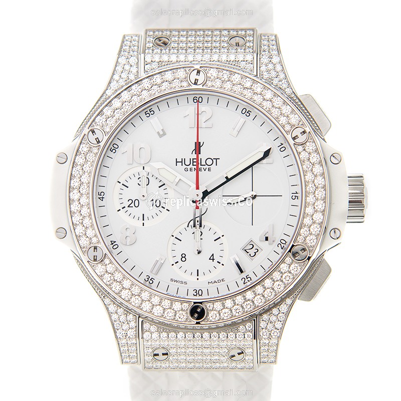 Hublot Big Bang Replica - Automatic - Diamond Case - White Dial - Rubber Strap