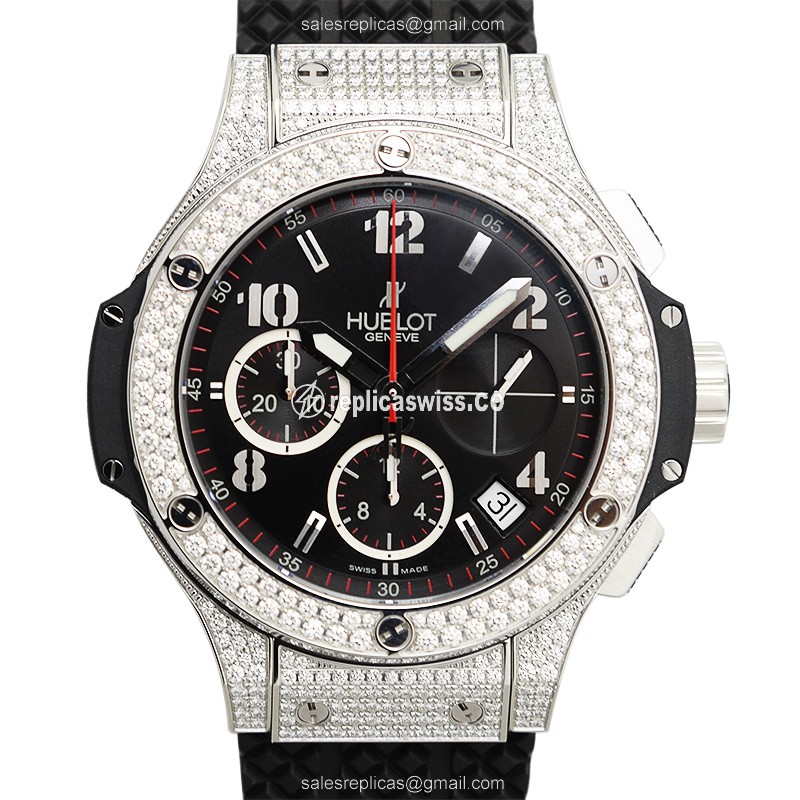 Hublot Big Bang Replica - Automatic - Stainless Steel & Diamond - Black Dial - Rubber Strap - Luxury Replica BIG BANG Watch