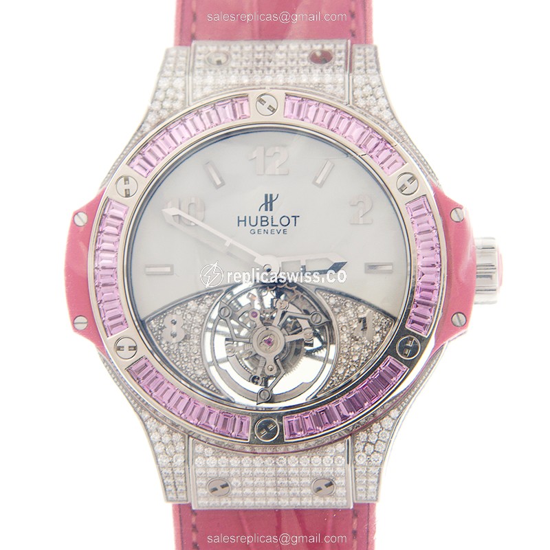 Hublot BIG BANG Manual - Titanium Diamond White Dial Clasp Pink Alligator Strap