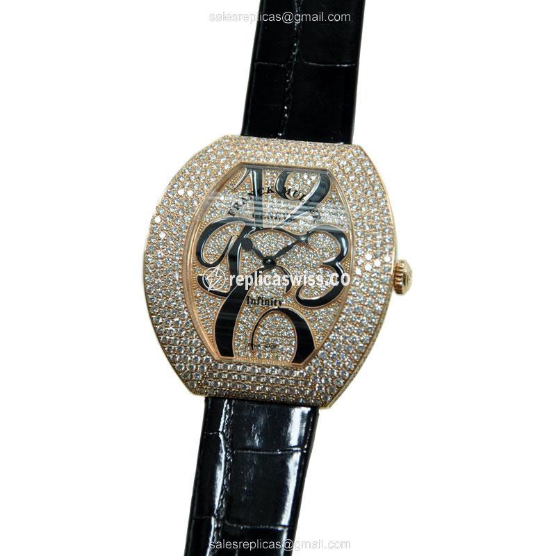 Franck Muller 3540 QZ A D4 CD Replica - Quartz - 18kt White Gold - Diamond - Gold Dial - Leather Black Strap - Buckle