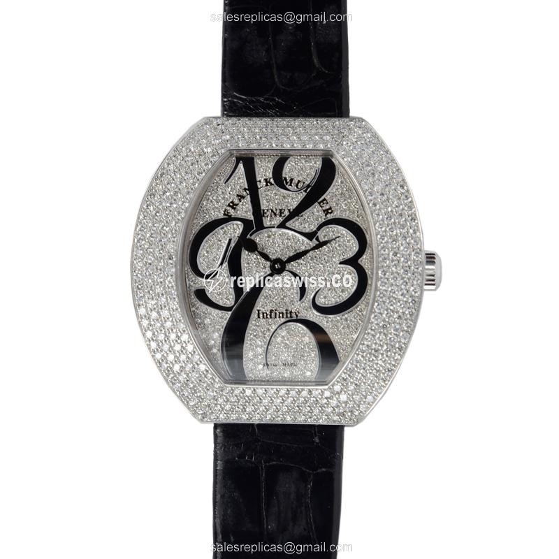 Franck Muller Infinity 3540QZ Quartz 18kt White Gold - Diamond Case Silver Dial Alligator Black Buckle - Luxury Franck Muller Replica Watch