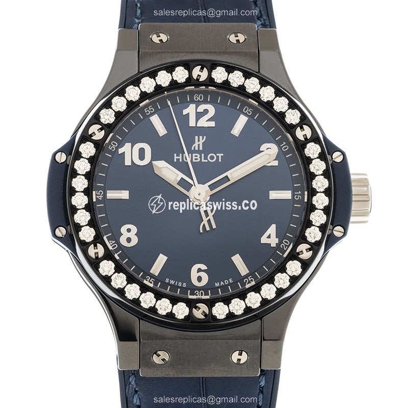 Hublot BIG BANG Replica - Quartz - Ceramic - Blue Dial - Diamond Bezel - Leather Strap