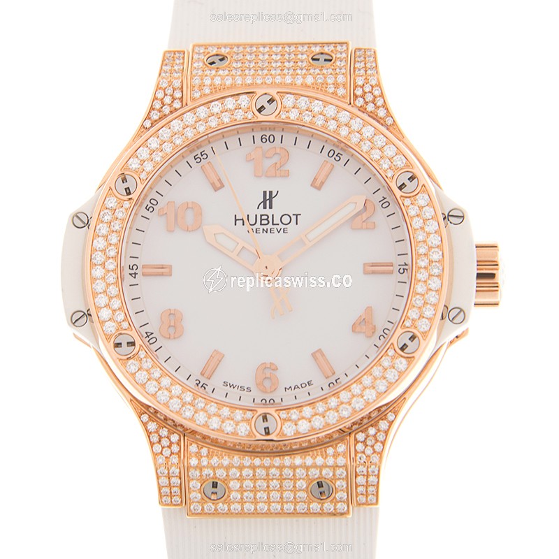 Hublot BIG BANG Quartz Replica - 18kt Rose Gold - Diamond Dial - White Rubber Strap