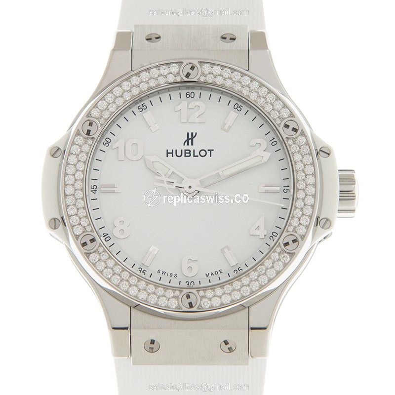 Hublot BIG BANG Quartz - Stainless Steel & Diamond Case - White Dial - Rubber Strap