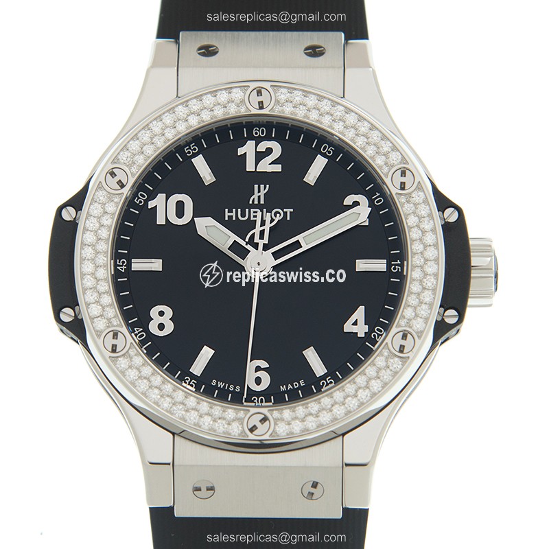 Hublot BIG BANG Quartz - Stainless Steel Case & Diamonds - Black Dial - Rubber Strap - Buckle Clasp