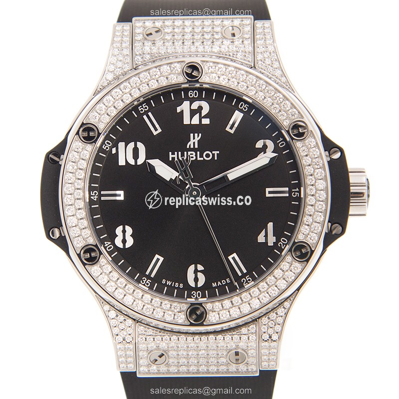 Hublot BIG BANG Quartz - Stainless Steel Case - Black Dial - Diamond Accents - Rubber Strap - Buckle Clasp
