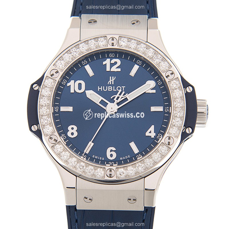 Hublot Big Bang Replica - Quartz - Stainless Steel & Diamond - Blue Dial - Alligator Strap