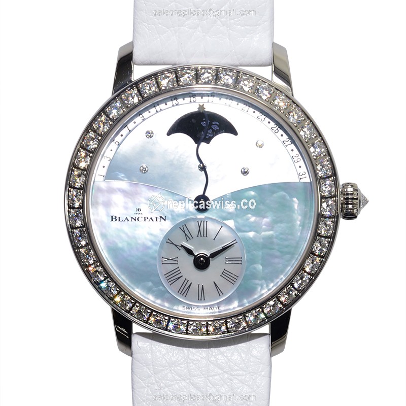Blancpain 3653-1954-58B Replica - Automatic - 18kt White Gold - Diamond Blue Dial - White Leather Strap