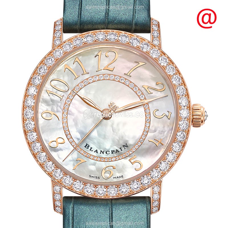 Blancpain Ladybird Replica - Automatic - Rose Gold Case - Diamonds - White Dial - Green Alligator Strap - Luxury Replica LADYBIRD Watch