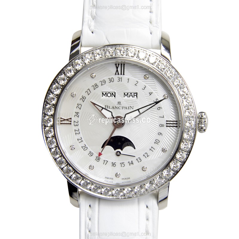 Blancpain 3663-4654-55B Replica - Automatic - White Dial - Stainless Steel & Diamond Clasp - Alligator White Strap