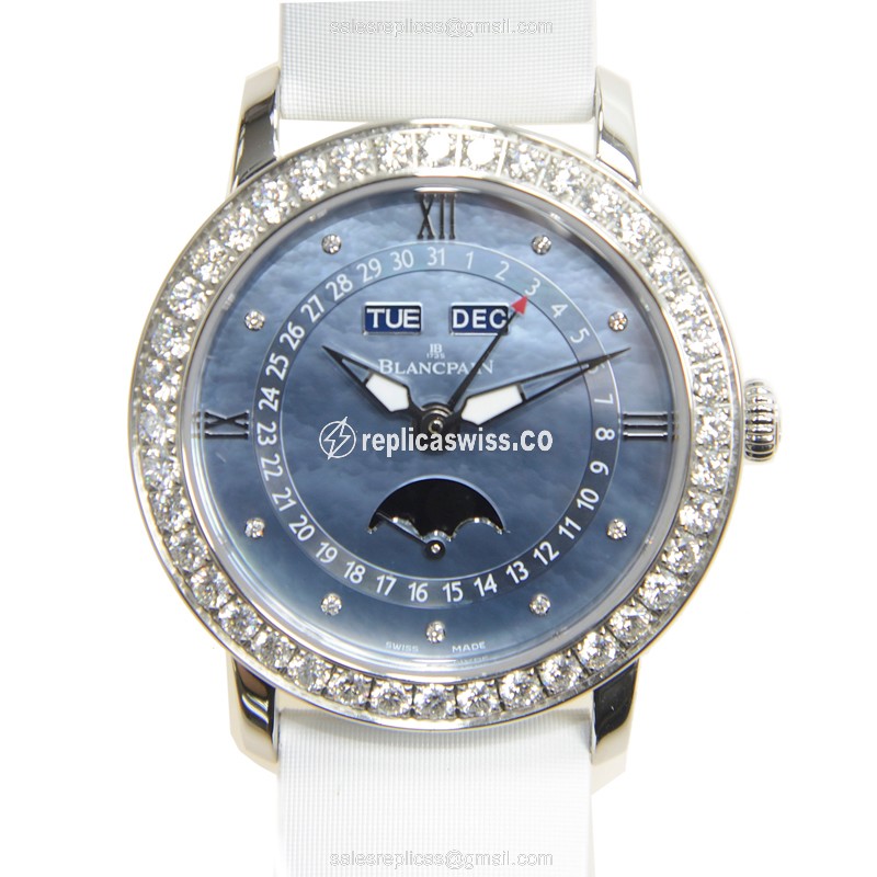 Blancpain 3663-4654L-52B Replica - Automatic - Diamond Case - Blue Dial - White Satin Strap