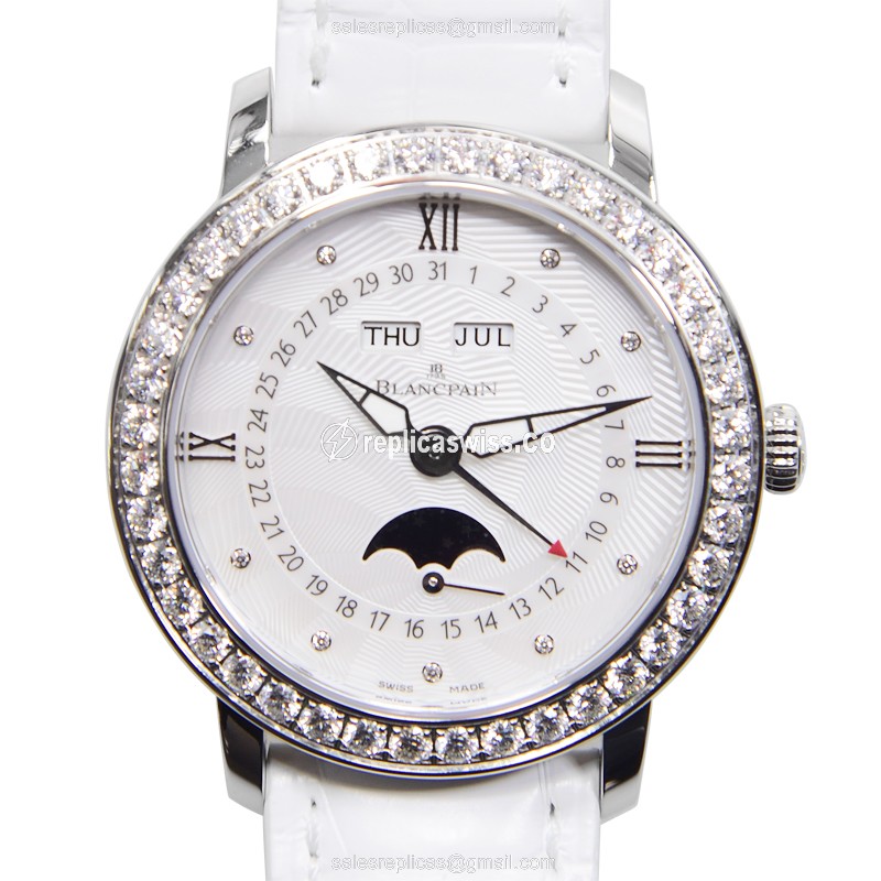 Blancpain 3663A-4654-55B Replica - Automatic - White Dial - Diamond Case - Alligator White Strap