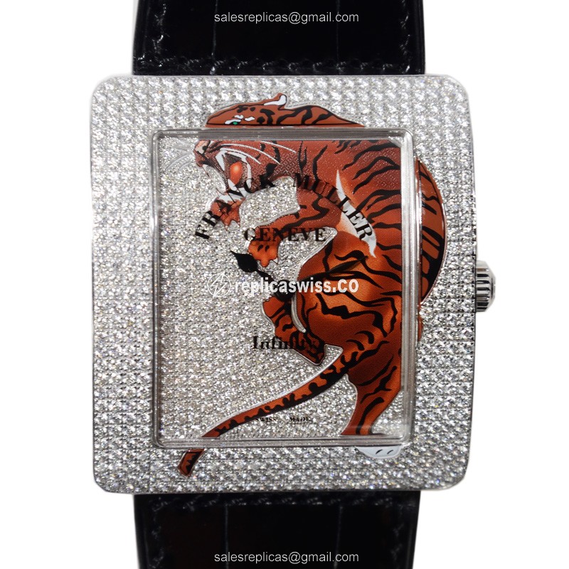 Franck Muller 3740 QZ TIG 2 D CD AC INFINITY Quartz - Diamonds on Case, Silver Dial, Buckle Clasp, Black Alligator Strap - Luxury Replica INFINITY Watch