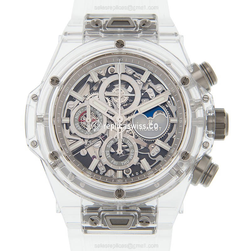 Hublot BIG BANG Replica - Automatic Sapphire Case - Skull Dial - Transparent Strap