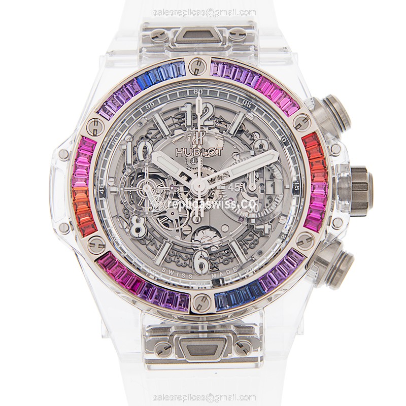 Hublot BIG BANG Rep - Automatic 18kt White Gold - Sapphire Skull - Rubber Clasp - Luxury Replica BIG BANG Watch