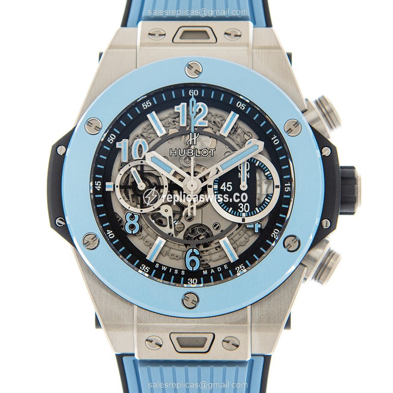Hublot BIG BANG Replica - Automatic - Titanium Case - Transparent Dial - Blue Rubber Strap