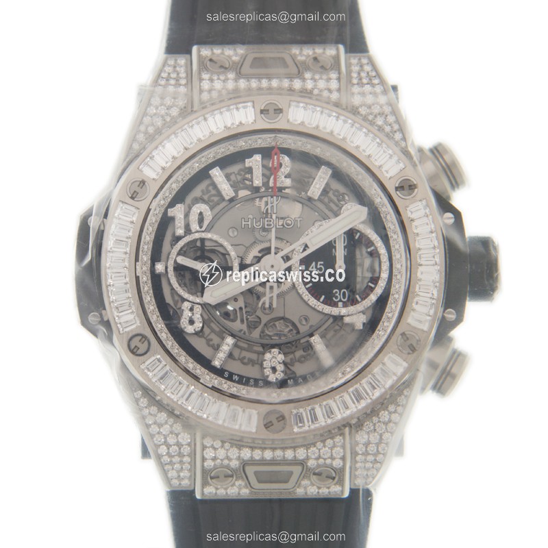 Hublot BIG BANG Replica - Automatic - Titanium - Diamond - Gray Dial - Black Rubber Strap - Luxury Replica BIG BANG Watch