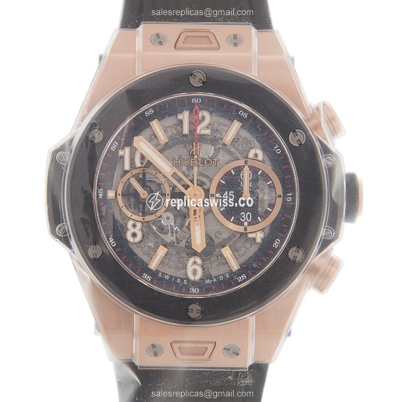 Hublot BIG BANG Replica - Automatic 18kt Rose Gold - Black Dial - Rubber Strap
