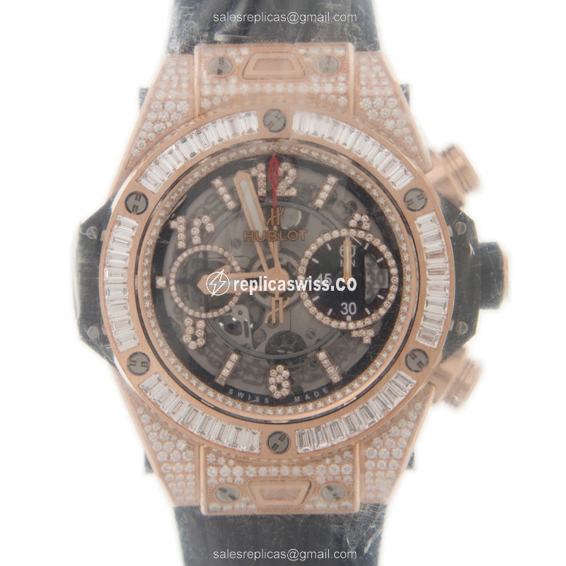 Hublot BIG BANG Replica - Automatic - 18kt Rose Gold - Diamonds - Gray Dial - Black Rubber Strap