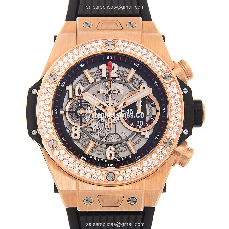 Hublot BIG BANG Replica - Automatic - 18kt Rose Gold - Diamonds - Black Dial - Rubber Strap