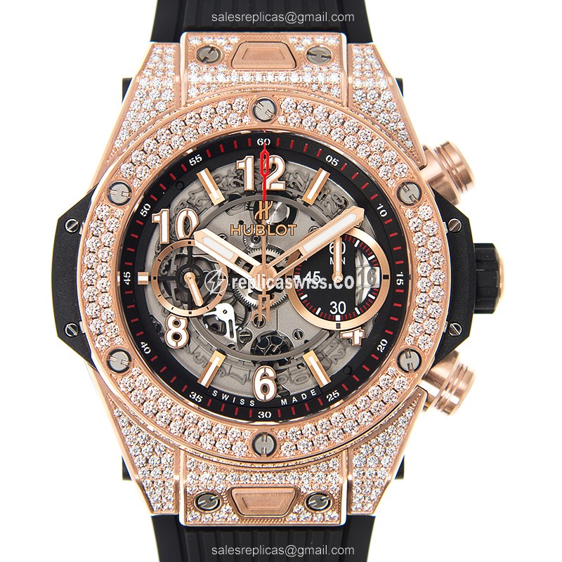 Hublot BIG BANG Replica - Automatic - 18kt Rose Gold - Diamonds - Silver Dial - Black Rubber Strap