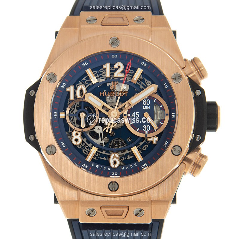 Hublot BIG BANG Replica - Automatic 18kt Rose Gold - Blue Dial & Rubber Strap - Luxury Replica BIG BANG Watch