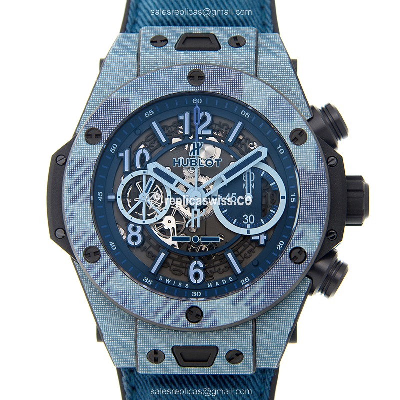 Hublot BIG BANG Replica - Automatic Carbon Fiber - Grey Dial - Blue Jeans Strap