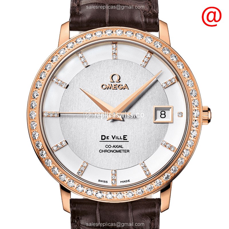 Omega De Ville Replica - Automatic - 18kt Rose Gold - Diamonds on Case - Silver Dial