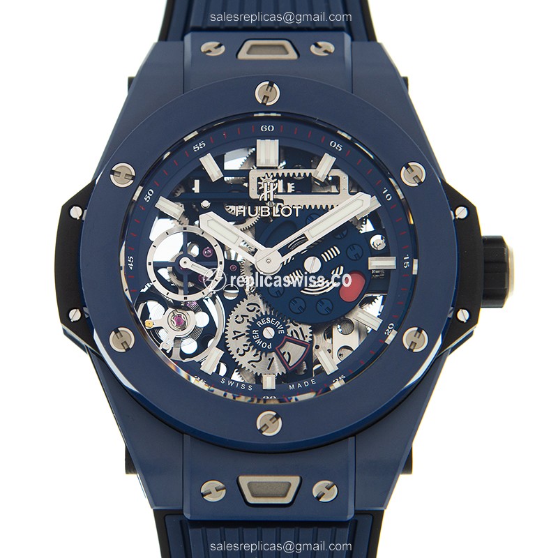 Hublot BIG BANG Replica - Manual - Ceramic - Blue Dial - Rubber Blue Strap