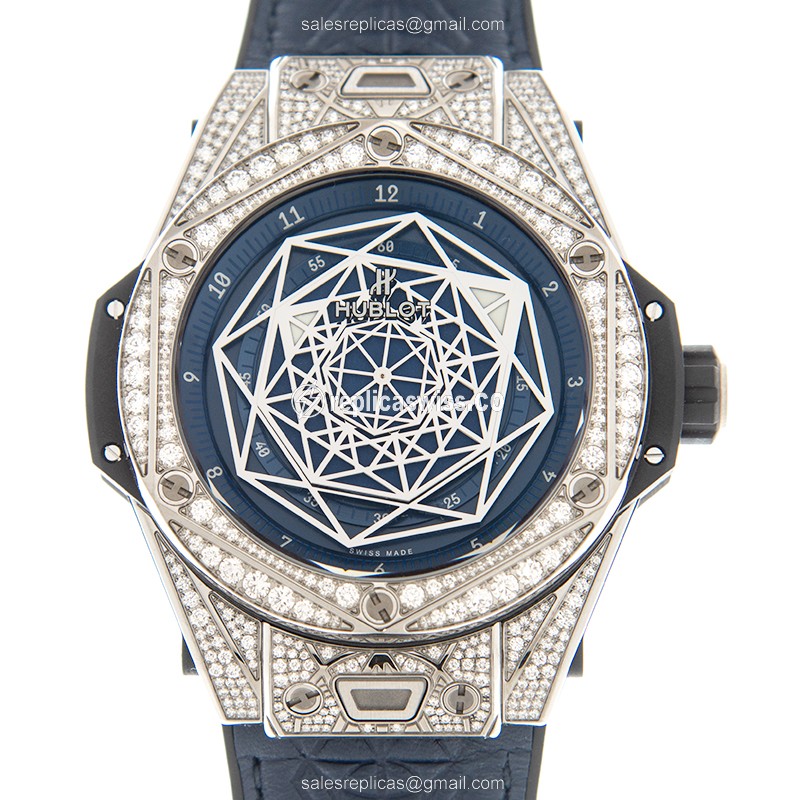Hublot Big Bang Replica - Automatic - Titanium - Blue Dial - Diamond Case - Blue Cowhide Strap