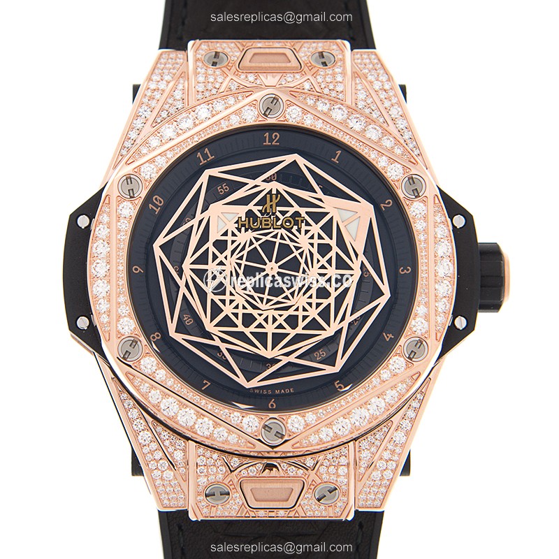 Hublot BIG BANG Replica - Automatic - 18kt Rose Gold - Diamond Bezel - Black Dial - Leather Strap
