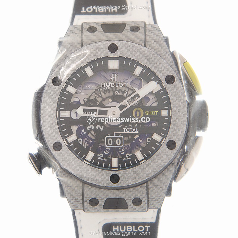 Hublot BIG BANG Replica - Automatic Carbon - Black Dial - White Rubber - Clasp