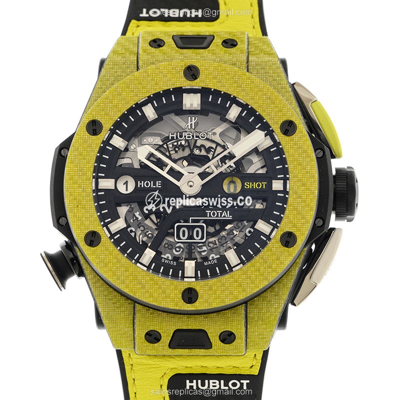 Hublot BIG BANG Carbon Fiber - Automatic - Transparent Dial - Gold Clasp - Rubber Strap