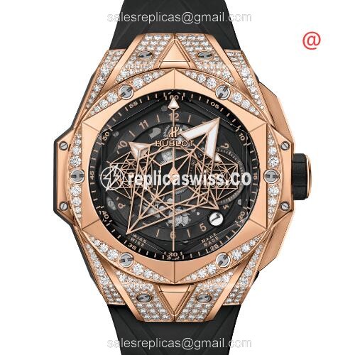 Hublot BIG BANG Replica - Automatic - 18kt Rose Gold - Diamond Case - Black Dial - Rubber Strap - Luxury Replica BIG BANG Watch
