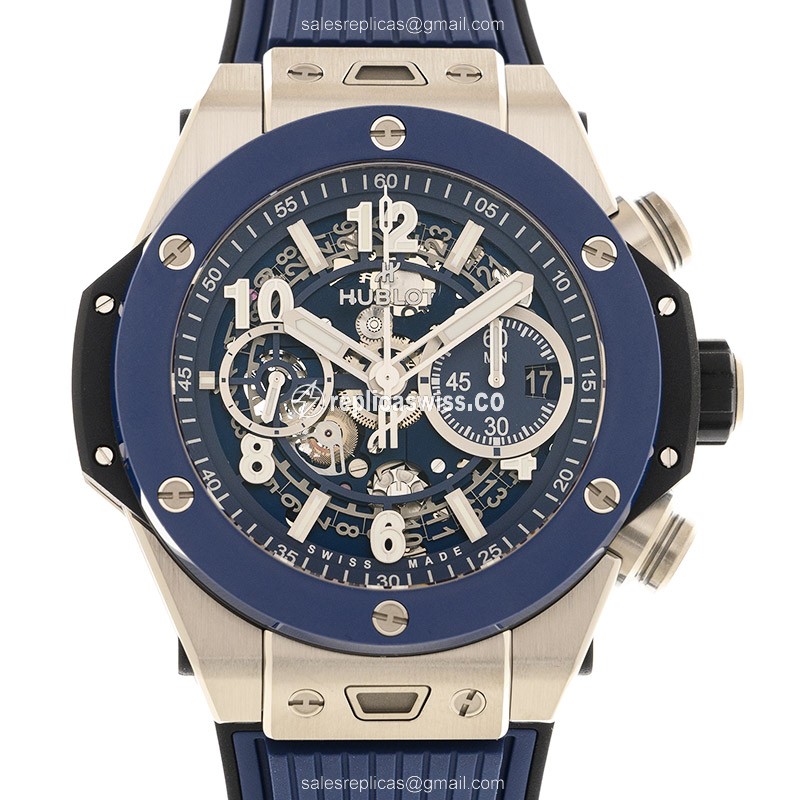 Hublot BIG BANG Replica - Automatic - Titanium - Transparent - Blue Rubber Clasp