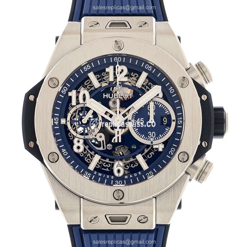Hublot Big Bang Replica - Automatic - Titanium - Blue Dial - Rubber Blue Clasp - Luxury Replica BIG BANG Watch