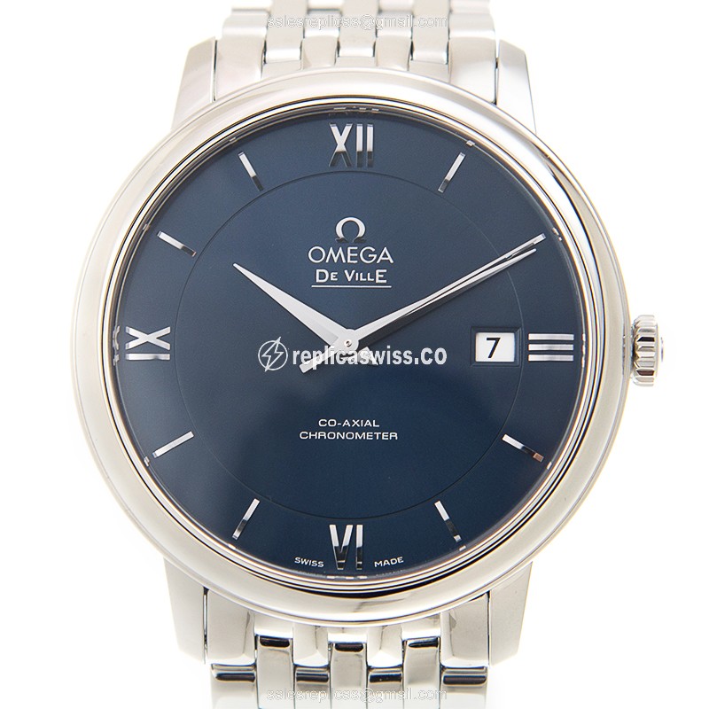 Omega DE VILLE Replica - Automatic, Steel Case - Blue Dial, Silver Clasp & Steel Strap