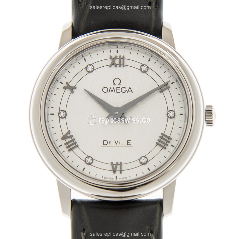 Omega De Ville Replica - Quartz - Stainless Steel Case - Silver Dial - Leather Strap