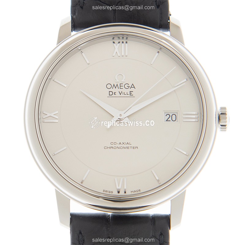 Omega De Ville Replica - Automatic - Silver Dial - Stainless Steel Case - Black Leather Strap