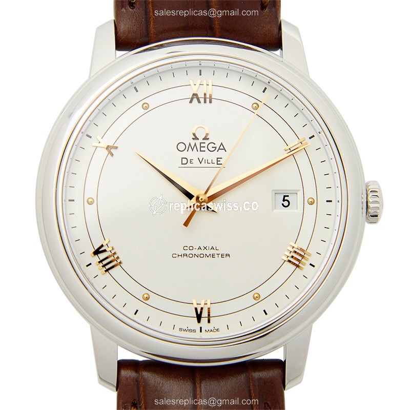 Omega De Ville Replica - Automatic - Silver Dial - Stainless Steel Case - Brown Leather Strap