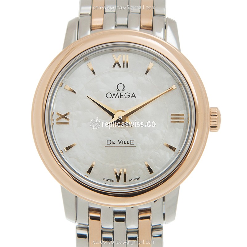 Omega DE VILLE Replica - Quartz - 18kt Rose Gold & Steel Case - White Dial - Gold Strap