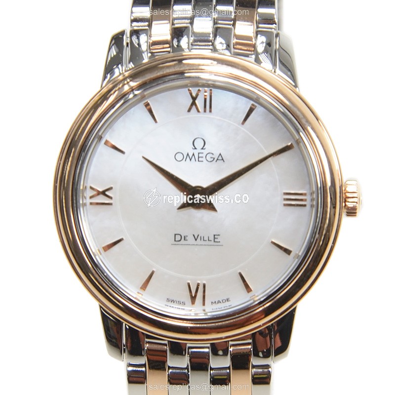 Omega De Ville Replica - Quartz - 18kt Rose Gold Case - White Dial - Gold Steel Strap