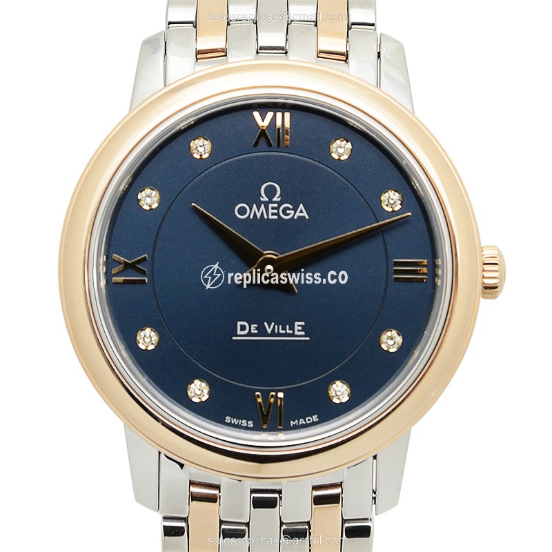 Omega LES CLASSIQUES Replica - Quartz - 18kt Rose Gold Case - Blue Dial - Gold Steel Strap - Luxury Replica LES CLASSIQUES Watch