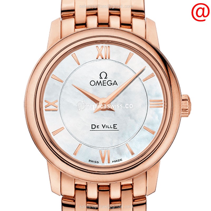 Omega De Ville Replica - Quartz - 18kt Rose Gold Case - White Dial - Gold Strap