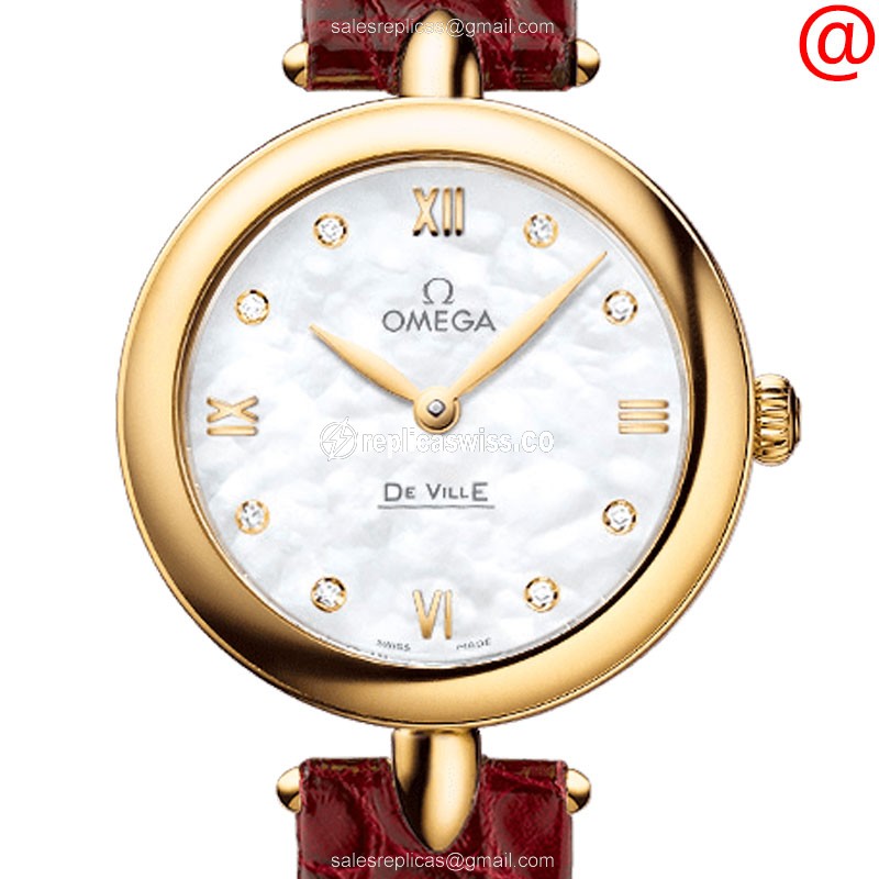 Omega DE VILLE Quartz 18kt Yellow Gold - White Dial, Leather Red Strap, Clasp
