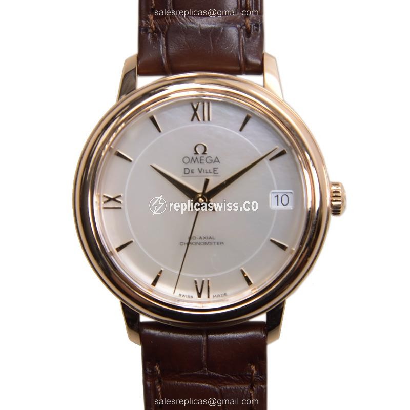 Omega Replica De Ville - Automatic - 18kt Rose Gold - White Dial - Brown Leather - Buckle Clasp
