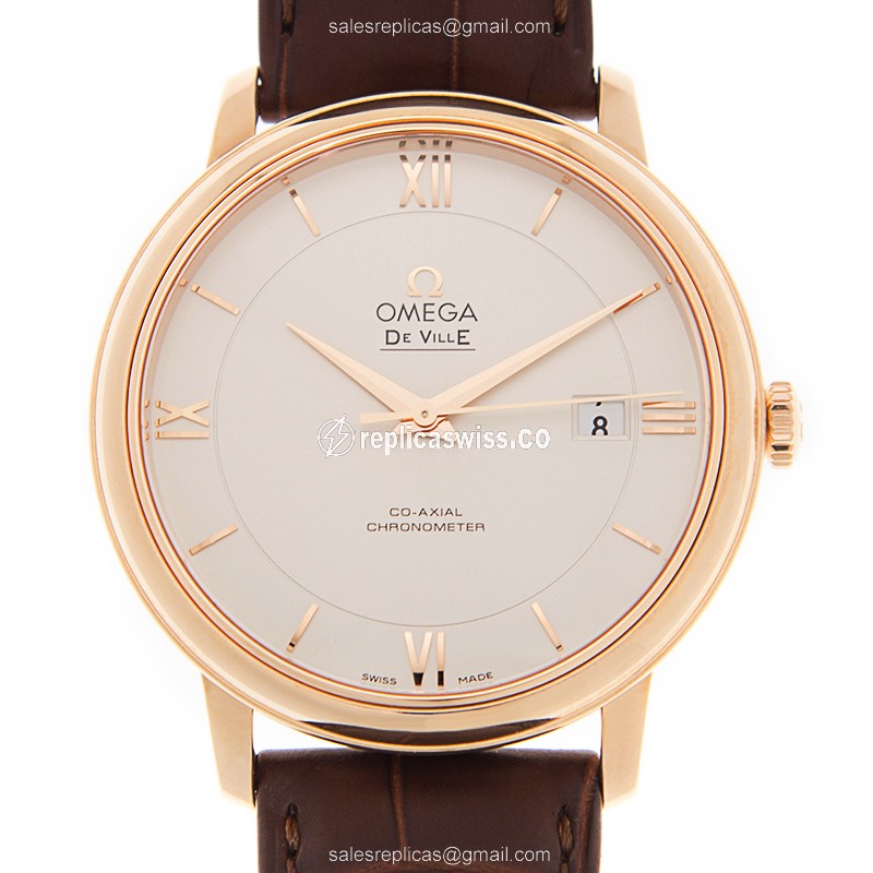 Omega DE VILLE Replica - 18kt Rose Gold - Automatic - Silver Dial - Brown Leather Strap