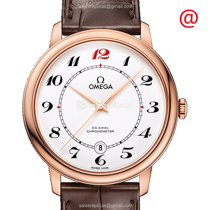 Omega De Ville Replica - 18kt Rose Gold Case - Automatic - White Dial on Brown Alligator Strap