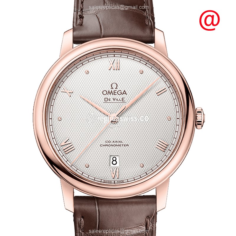 Omega DE VILLE Replica - Automatic 18kt Rose Gold - Silver Dial - Brown Alligator Buckle