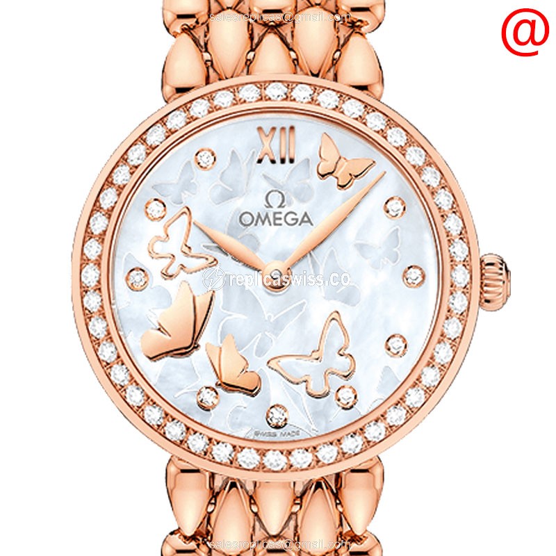 Omega Replica DE VILLE - Quartz - 18kt Rose Gold Case - Diamonds - White Dial - Gold Strap